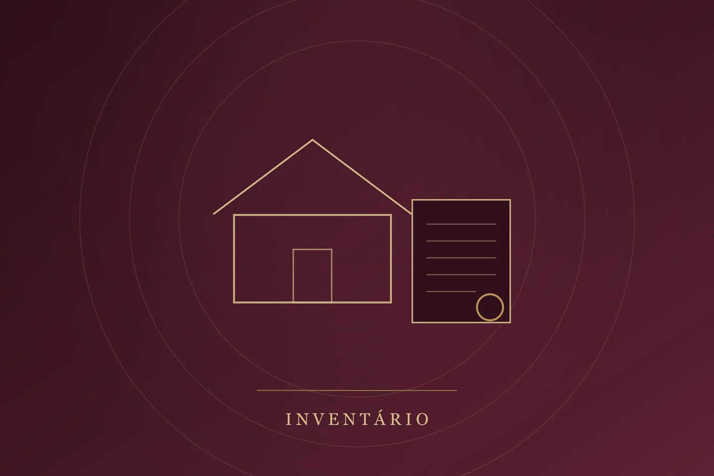 Ilustração de uma casa e um documento com selo representando o inventário